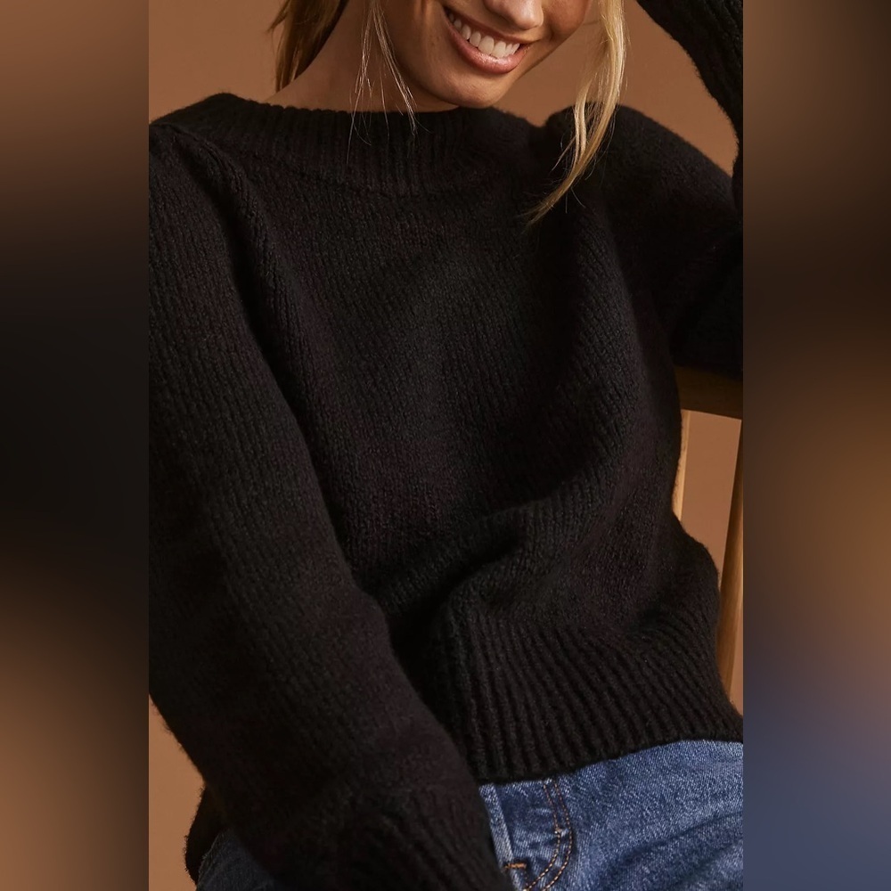 ANTHROPOLOGIE Maeve Puff-Sleeved Ribbed Cotton Long Sleeve Sweater - Picture 2 of 8